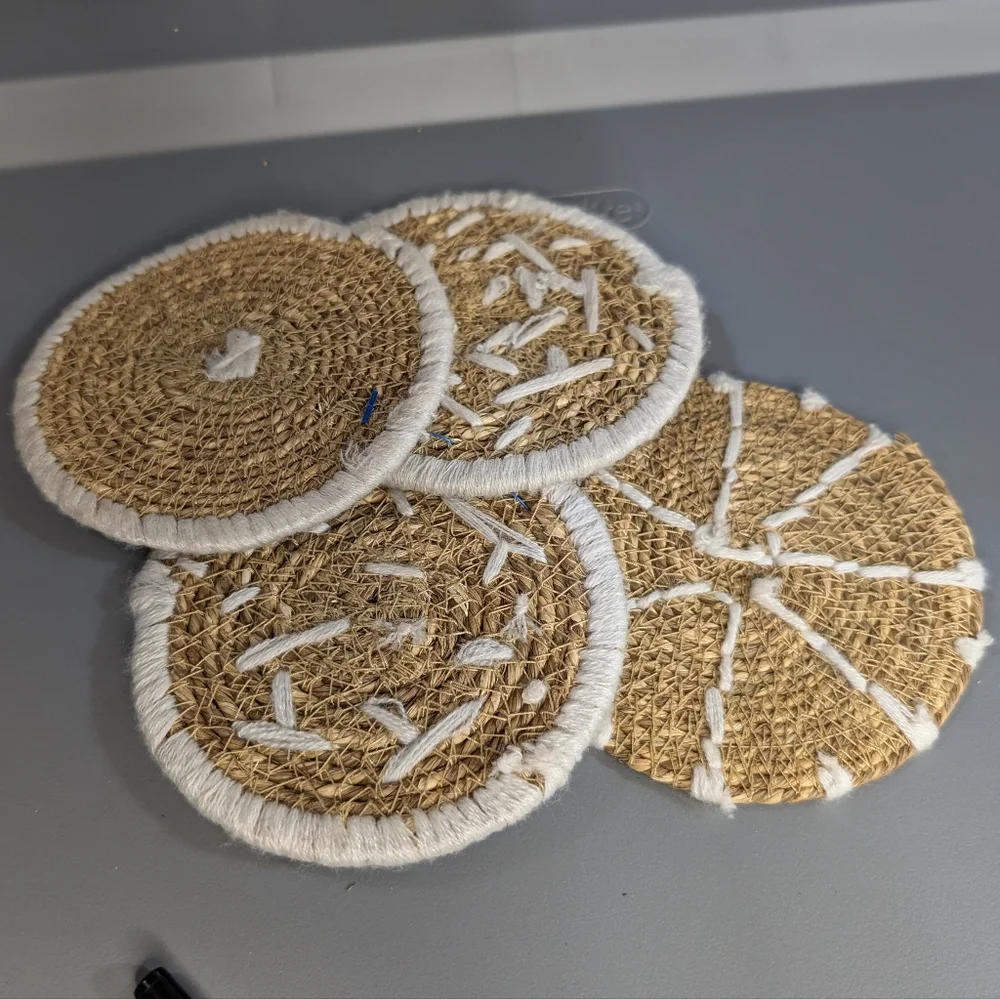 Handcrafted Bloomingville Seagrass Jute‎ Coasters with White Stitching